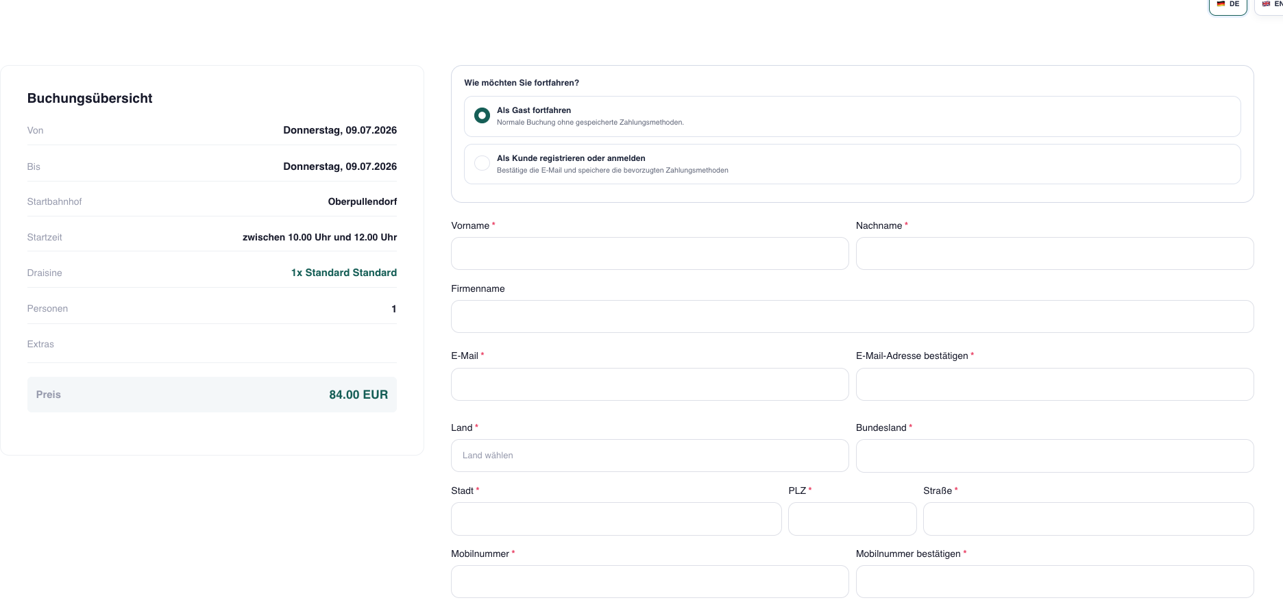 Checkout und Buchungsübersicht des Miet-Onlineformulars
